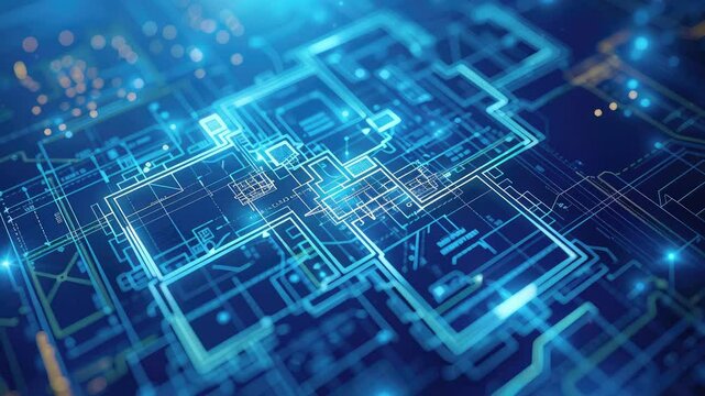 Architectural blueprint merging with technology with background animation 3D rendering