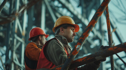 A Erecting steel structures for buildings and bridges, working at significant heights and wearing hard hats to protect