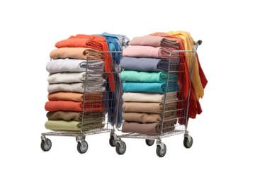A Cart Overflowing With Folded Fashion on White or PNG Transparent Background.