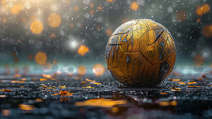 Golden football ball on wet ground with raindrops, commercial photo background