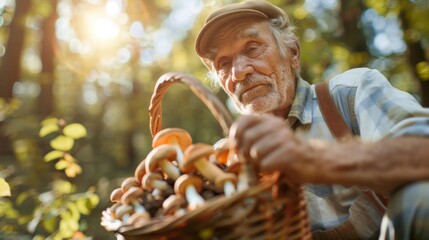 Elderly White Man in Forest Holding Basket of Mushrooms. Concept of foraging, nature, elderly activity, outdoor adventure