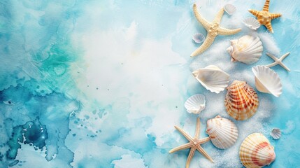 Maritime theme flat lay with sea shells on blue watercolor background