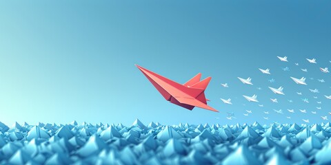 a red paper airplane guiding multiple white planes on a blue background, embodying the concepts of business leadership and efficient corporate performance planning.