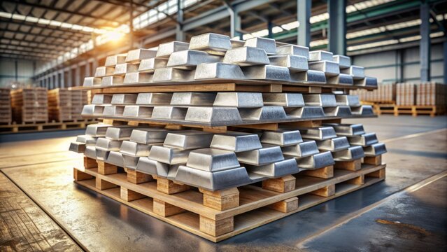 Highly detailed, photorealistic aluminum ingots stacked on a worn wooden pallet, showcasing raw metal, industrial, and factory ambiance.
