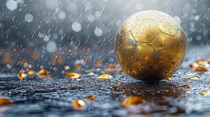 Golden football ball on wet ground with raindrops, commercial photo background