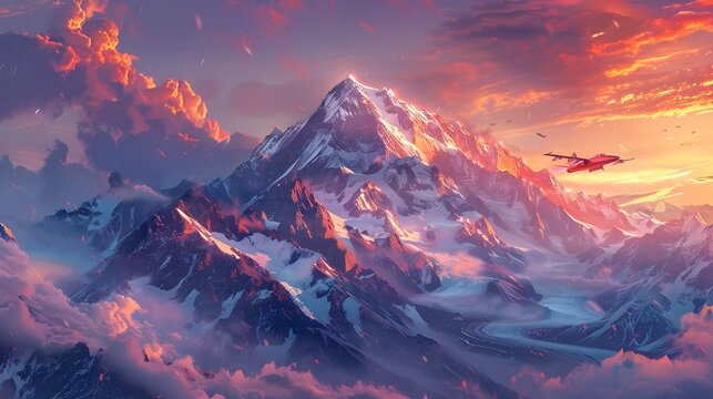 Jet Fighter Soaring Over Dramatic Snow-Capped Mountain Peaks at Sunset - Powered by Adobe