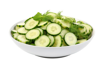 Crisp Concoction: A Heavenly Bowl of Fresh Cucumbers and Fragrant Herbs on White or PNG Transparent Background.