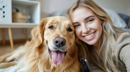 Saving memories with pet. Smiling woman with blond hair snuggling to furry friend and taking selfie on modern cell phone. Obedient golden retriever lying on floor near delighted female owner
