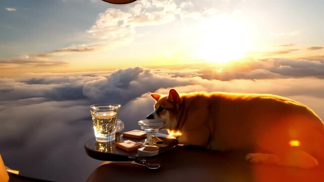 A cat is lying on a leather seat in a special class plane with a tray of drinks next to it.