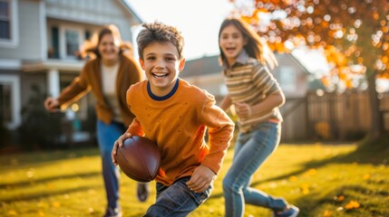 Caucasian boy running with a football in backyard during autumn with family. Concept of childhood, outdoor fun, family time, fall activities