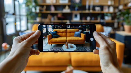 Man in glasses browsing furniture items in a virtual showroom filled with various decor options. - Powered by Adobe