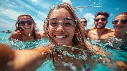 Obraz premium Travel ocean and happy with friends swimming at beach for relax summer break and vacation with blue sky mockup Smile bonding and diversity with women for peace nature and tropical holi.