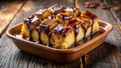 Richly glazed, golden-brown, utterly indulgent French bread pudding overflowing with caramelized sugar, crispy pastry, and velvety chocolate sauce pools.