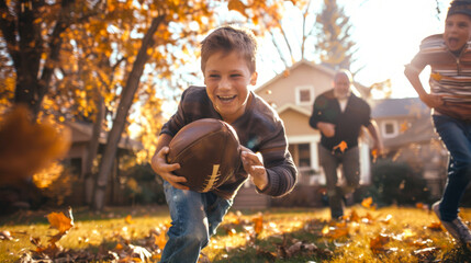 Caucasian boy playing football in autumn backyard with family. Concept of family bonding, childhood activity, outdoor sports, fall season