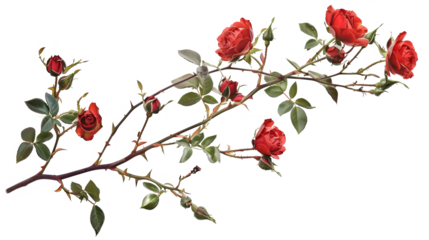 branches with red roses and green leaves on a transparent background