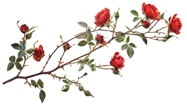 branches with red roses and green leaves on a transparent background