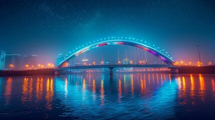 Obraz premium Colorful illuminated bridge at night with city skyline and reflections on water - Generative AI