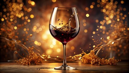 Crystal-clear wine glass overflowing with rich, velvety merlot, delicate droplets suspended in mid-air, warm ambiance, luxurious still life setting.