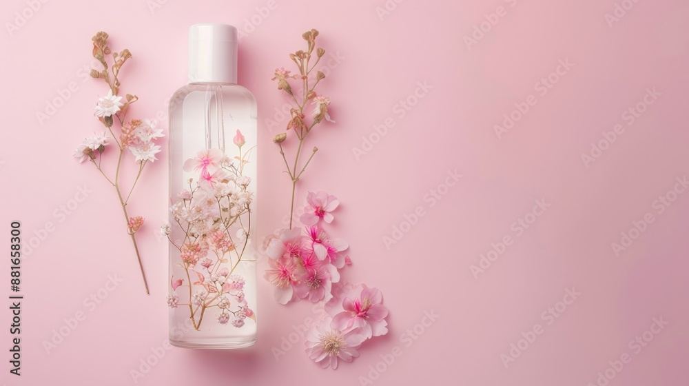 Sticker spa bottle with dry flowers and pink blooms on pink background closeup skincare products for natural