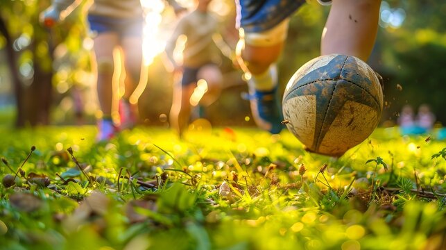Children playing rugby in a park during sunset. Concept of kids' sports, outdoor activities, childhood fun, team spirit