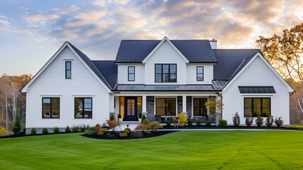A brand new, white contemporary farmhouse with a dark shingled roof and black windows
