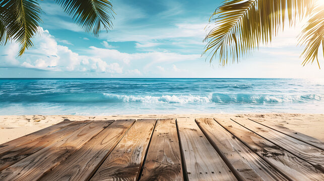 Beach Mockup Concept Wooden Table with Tropical beach background ai generative
