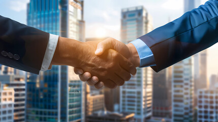 successful business agreement contract dealing businessman handshake close up hand palm with blur city building and office working space background