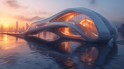 Obraz premium Futuristic Waterfront Building at Sunset - Generative AI