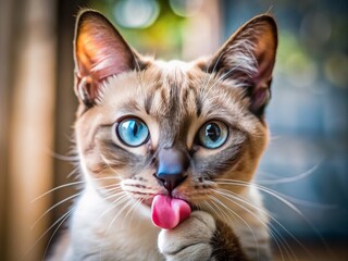 Fototapeta premium Adorable Thai cat portrait showcasing gentle front paw washing and pink tongue sticking out, featuring a detailed close-up of the cat's face with selective focus.