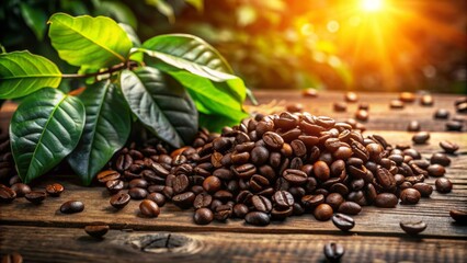 Fototapeta premium Dark brown coffee beans scattered on a rustic wooden table surrounded by green leaves and a soft, warm, golden light.