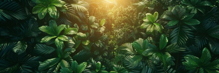Obraz premium A lush canopy view of a dense rainforest bathed in sunlight, highlighting the natural beauty with AI Generative.