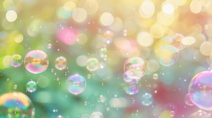 Colorful soap bubbles floating in sunlit garden. Concept of childhood joy, whimsy, summer fun, outdoor play.. Copy space