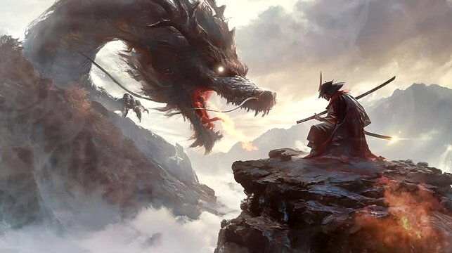 Warrior facing a dragon on a mountain peak with dramatic sky. Seamless looping time-lapse 4k video animation background