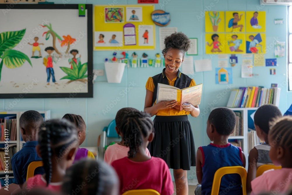 Poster In a vibrant classroom setting, a teacher is using interactive methods to engage a varied group of students, fostering a positive educational environment through reading and promoting learning