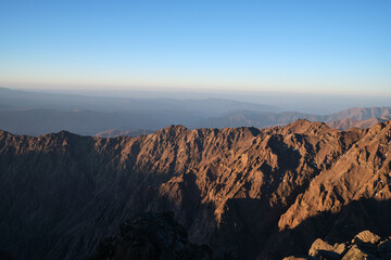 views of the atlas mountains from the summit of mount toubkal . toubkal national park. Morocco
