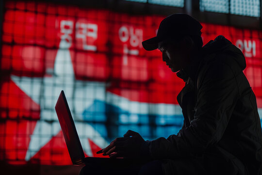 North Korean Hacker Working Late In A Neon-Lit City