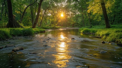 Summer riverbank, children playing, green trees, bright sunny day, joyful and lively