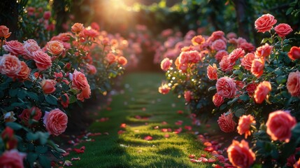 Fototapeta premium Spring garden, blooming roses, neat flower beds, morning light, fragrant and colorful