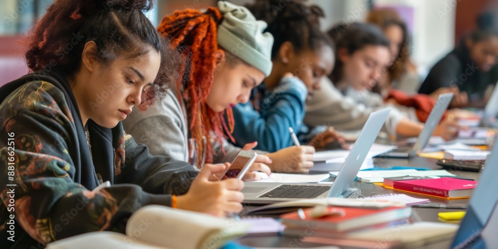 Aufkleber Diverse students collaborate in a modern library for academic exploration, using digital tools and teamwork. The setting encourages group learning through technology in an engaging way