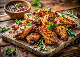 Juicy grilled chicken wings sprinkled with fresh parsley and rosemary, perfectly seasoned and smoked to perfection, appealingly arranged on a rustic wooden board.