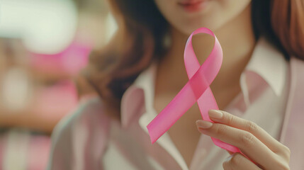 Woman and pink ribbon in her hand with Breast cancer campagne concept.Breast cancer awareness background design with copy space.