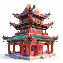 Fototapeta premium 3D Render, Low Poly style of a Chinese Taoist temple, on isolated white background, Generative AI