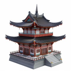 3D Render, Low Poly style of a Korean Buddhist temple, on isolated white background, Generative AI