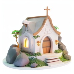 3D Render, Low Poly style of a modern-day spiritual retreat, on isolated white background, Generative AI