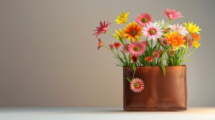 Bright flowers growing out of a wallet, realistic background, representing financial rejuvenation, isolated on a white background with room for text