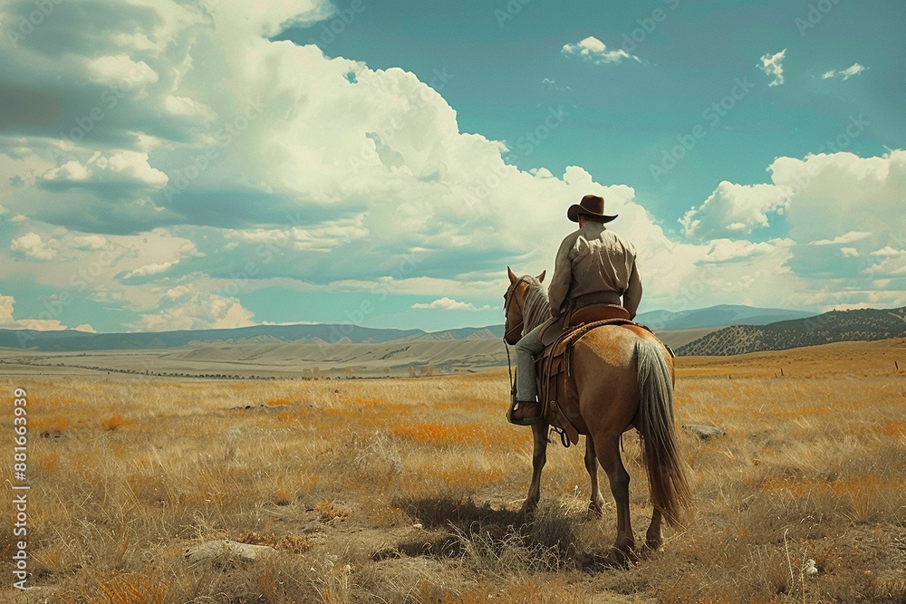 Sticker A cowboy riding a horse through a vast open field under a clear sky with mountains in the background