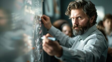Teacher writing on a whiteboard with students attentively watching, teacher, interactive learning environment