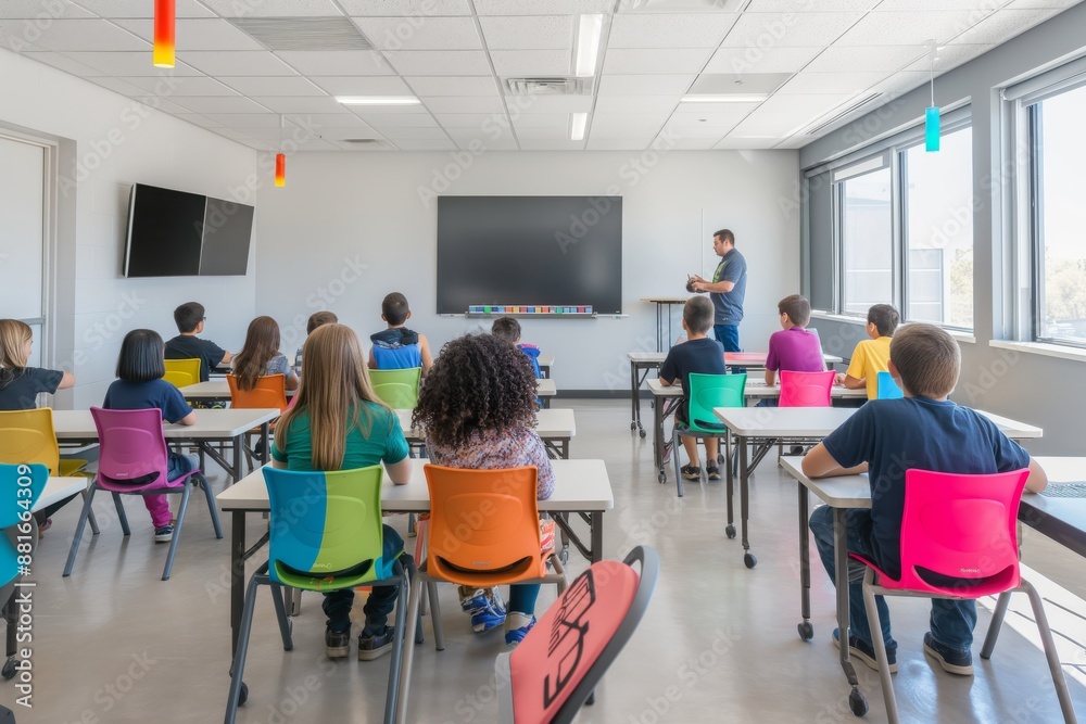 Aufkleber In a modern classroom, students are engaged in an interactive learning environment. The setting is vibrant with colorful chairs and technology, enhancing student participation and knowledge sharing