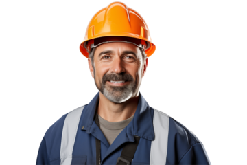 European public works worker smiling on transparent background. Subjects related to public works. Construction profession. Transparent background png cutouts. Job offer. European country. America.