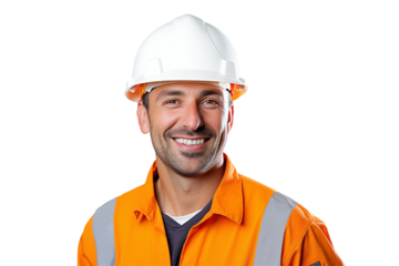 European public works worker smiling on transparent background. Subjects related to public works. Construction profession. Transparent background png cutouts. Job offer. European country. America.